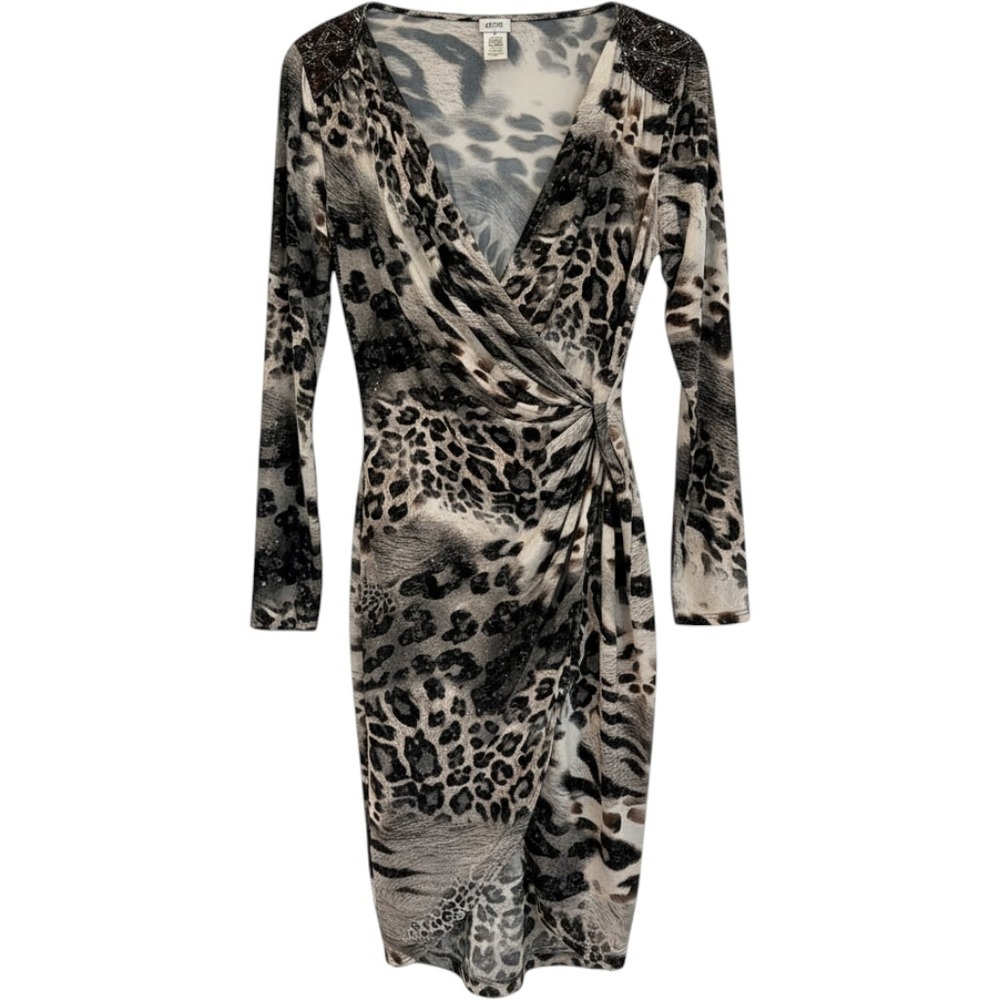 Vtg Cache Sheath Dress Medium Gray Leopard Metallic Beaded Shoulder Long Sleeve